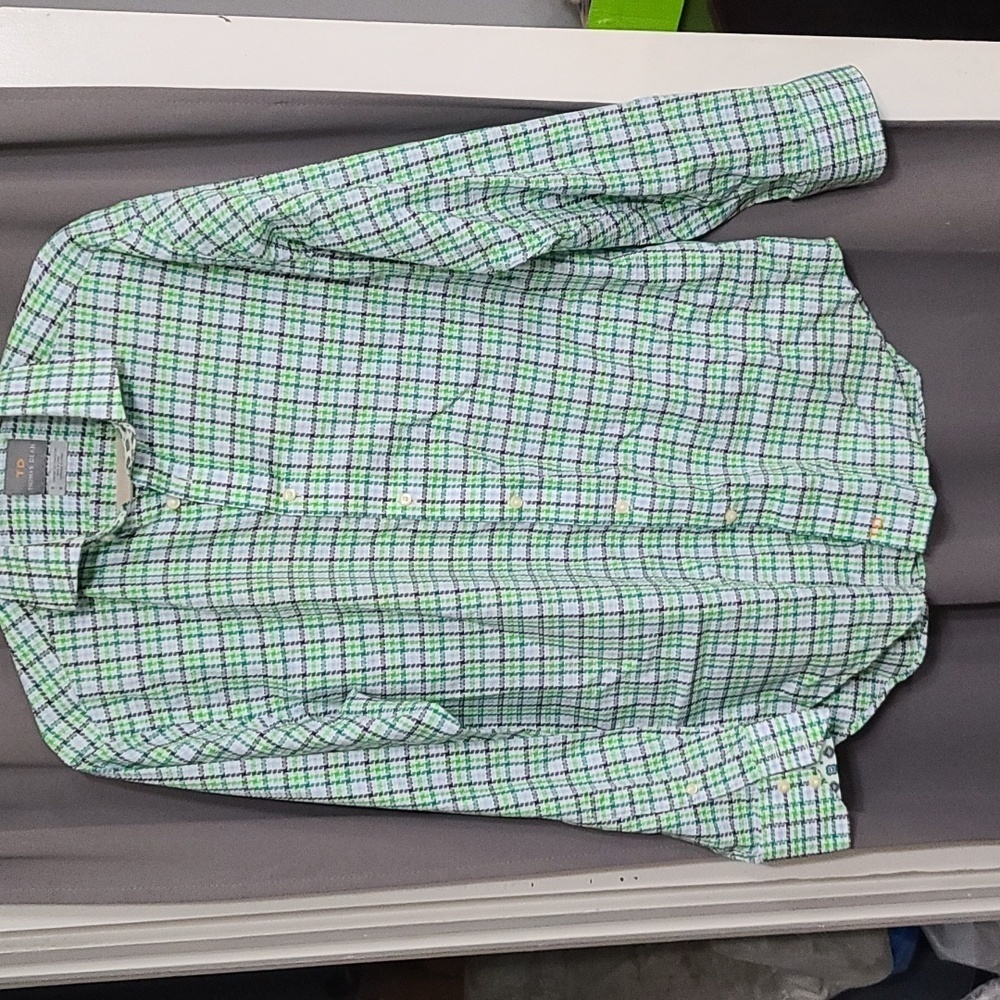 TD Thomas Dean Means Casual Button-Down Shirt Cuffs Green Black Size M EUC